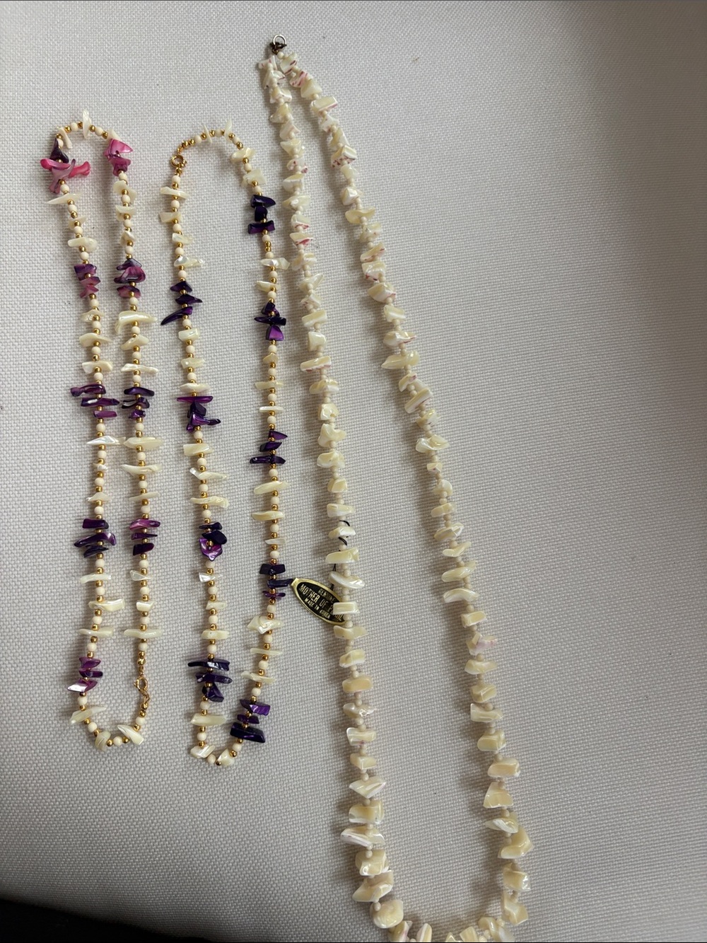 Lot 3 Mother of pearl necklaces purple stone gold beads authentic